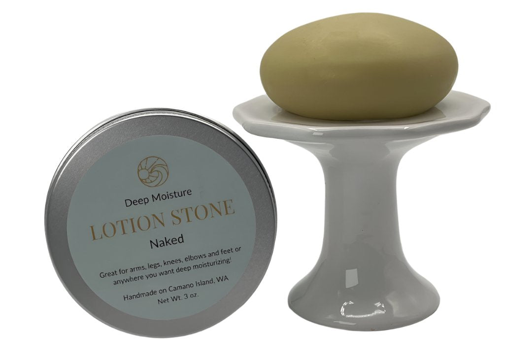 An unscented lotion stone on a pedestal with a tin container.