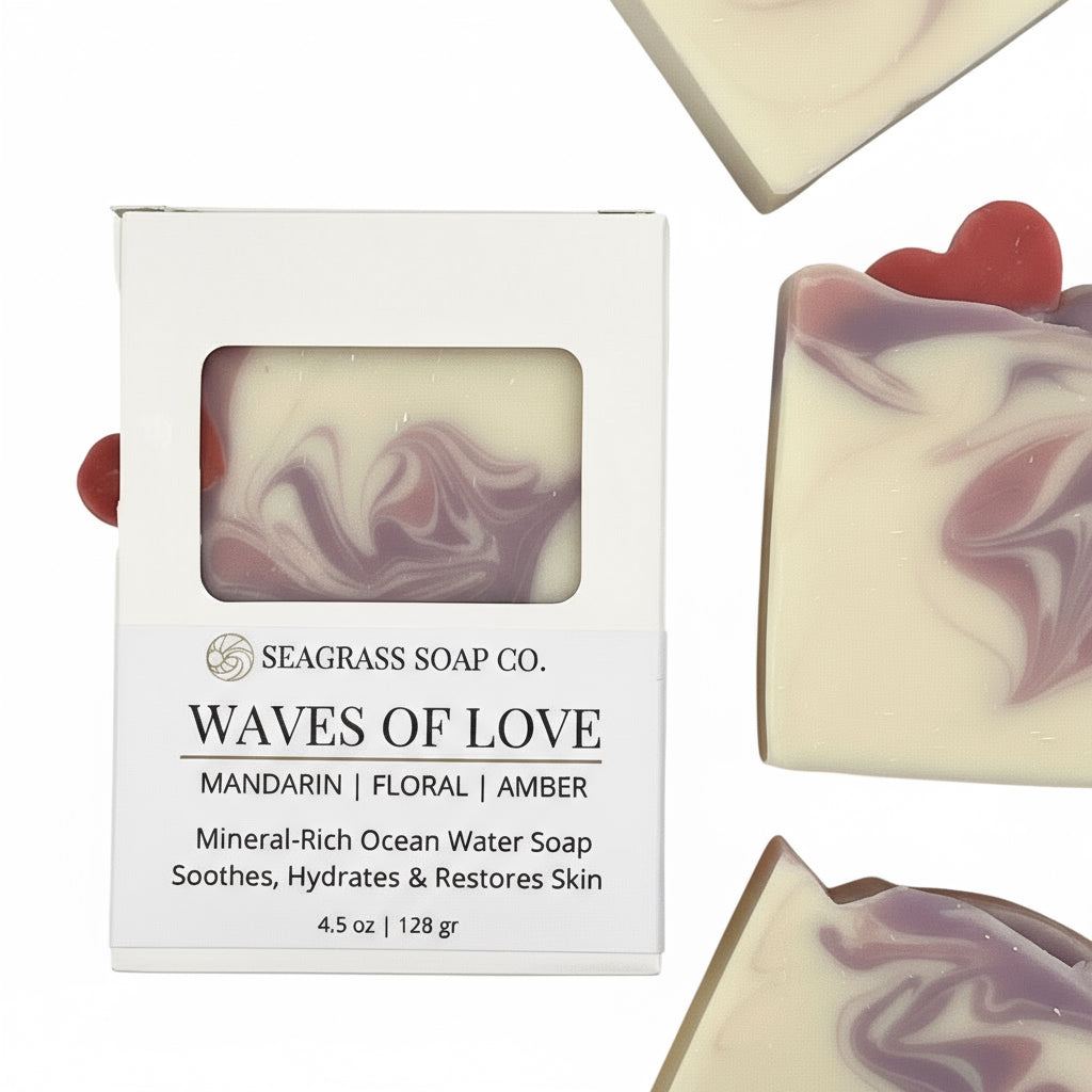 Seagrass Soap Co. 'Waves of Love' soap bar packaging with soap bars alongside.