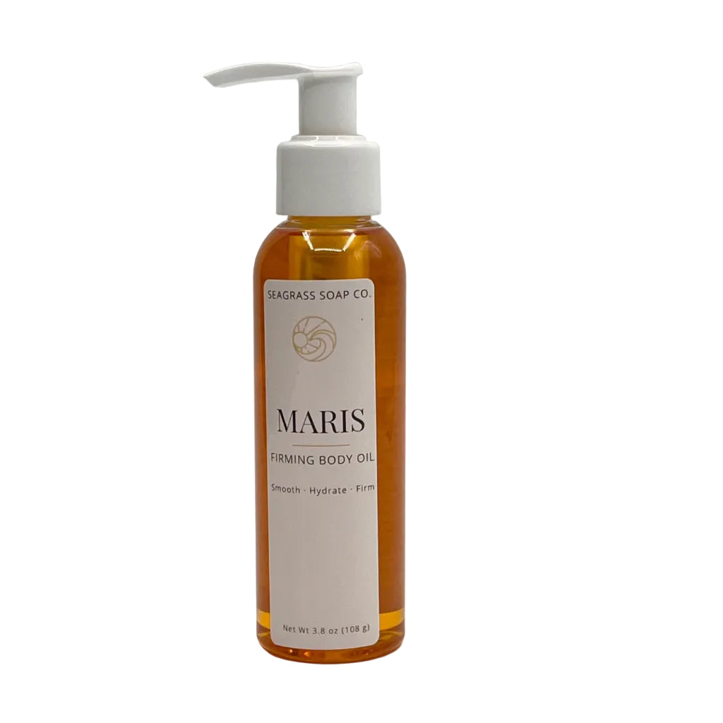 Maris firming body oil on white background, lightweight non-greasy body oil.