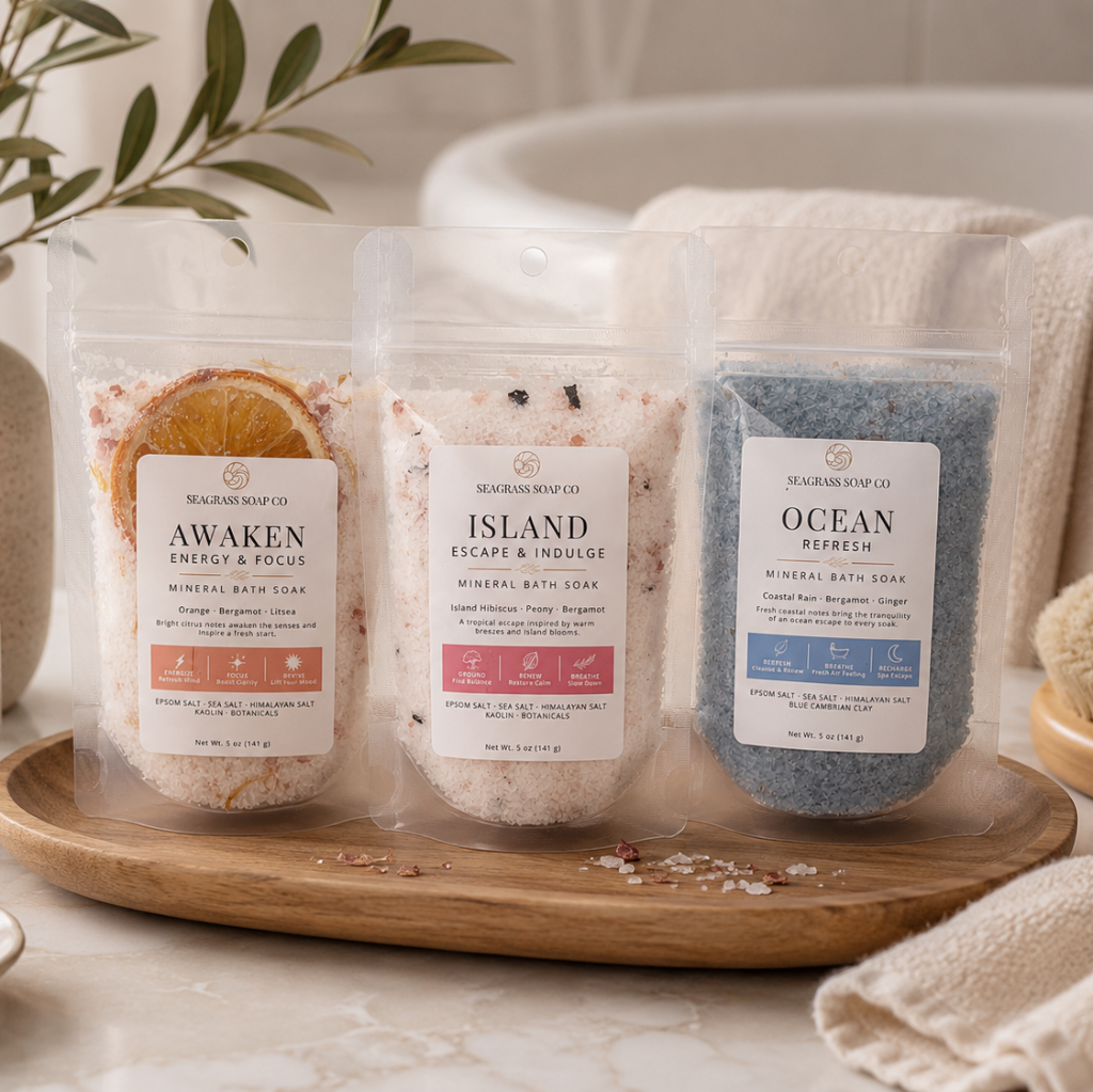 Three mineral bath soak packages displayed on a wooden tray in a bathroom setting.