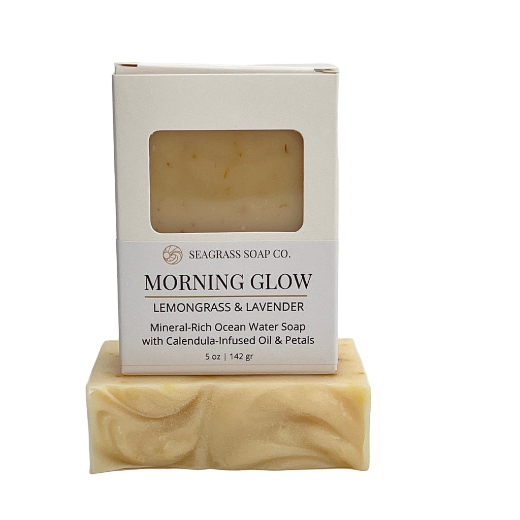 Bar of soap with a 'Morning Glow' packaging on a white background