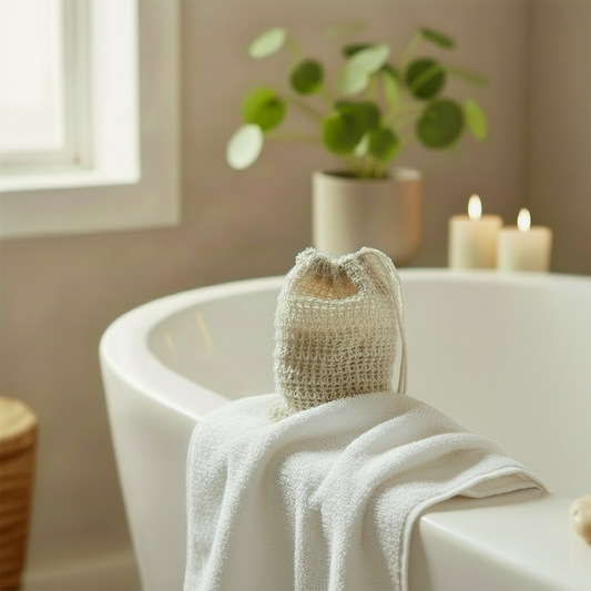 Natural sisal soap saver bag sitting on the edge of a tub with a white towel drapped over the edge and a plant and candles in the background.