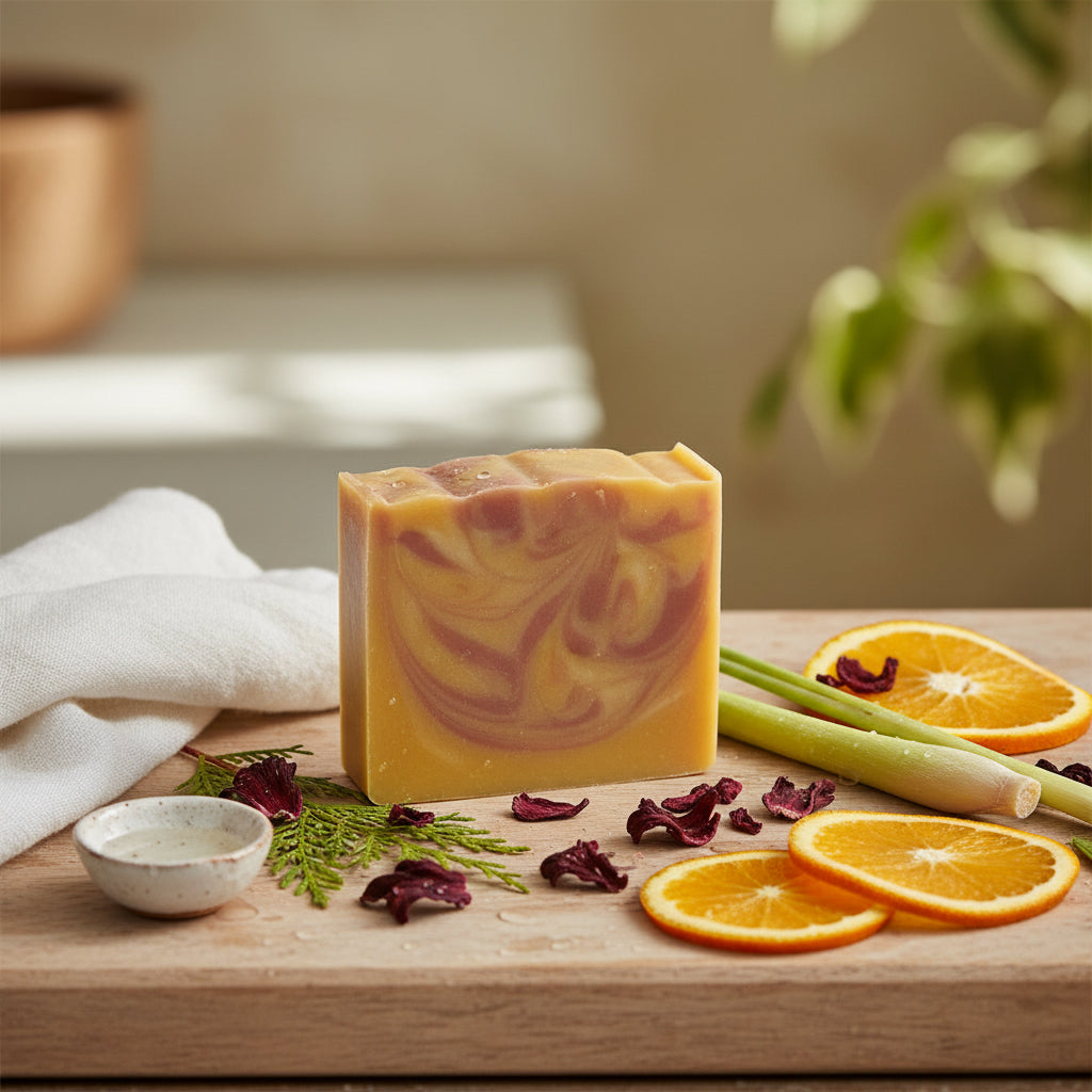 Natural Sweet Orange Hibiscus soap with bright citrus scent and nourishing plant oils.