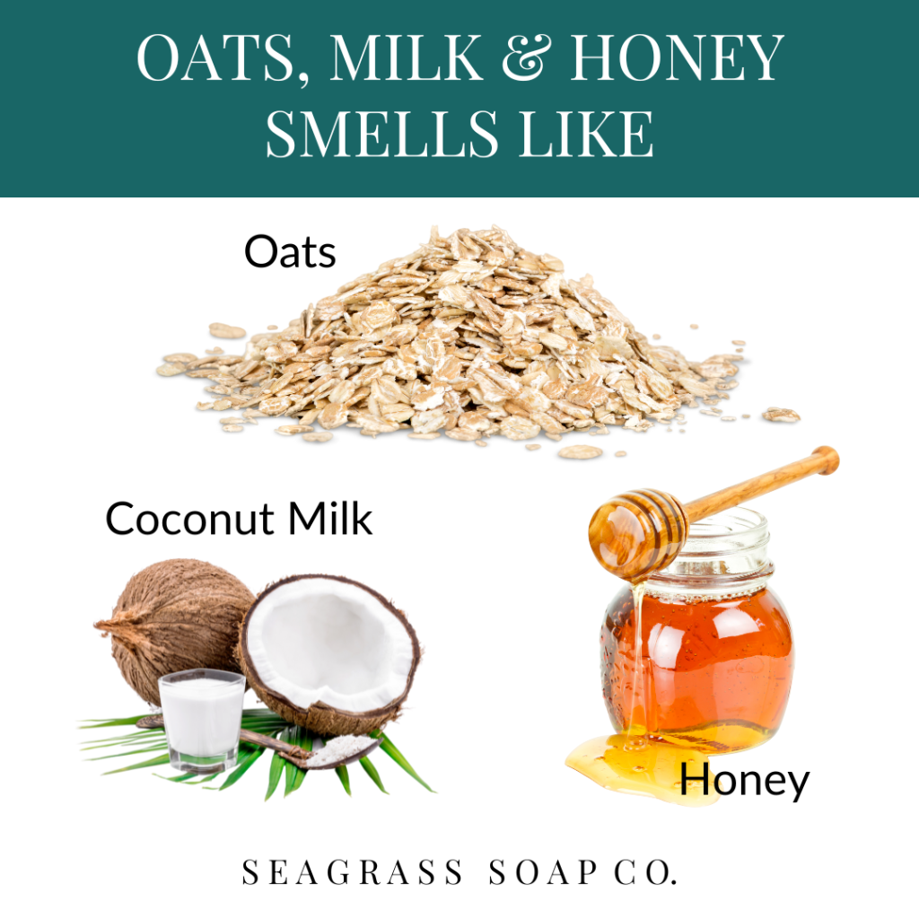 Ingredients for a soap recipe with oats, coconut milk, and honey displayed.