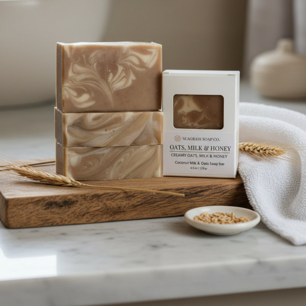 Four bars of soap sitting on a wooden tray in a bathroom setting surrounded by a small bowl of oats.