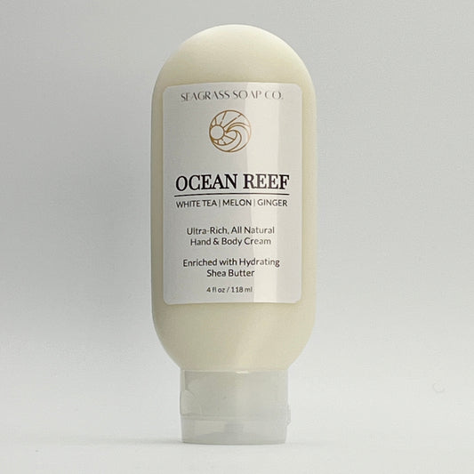 All natural hand and body cream enriched with Shea Butter, scented in Ocean Reef by Seagrass Soap Co on a white background