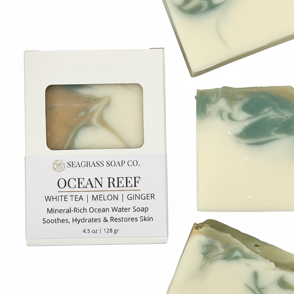Seagrass Soap Co. Ocean Reef soap with packaging on a white background
