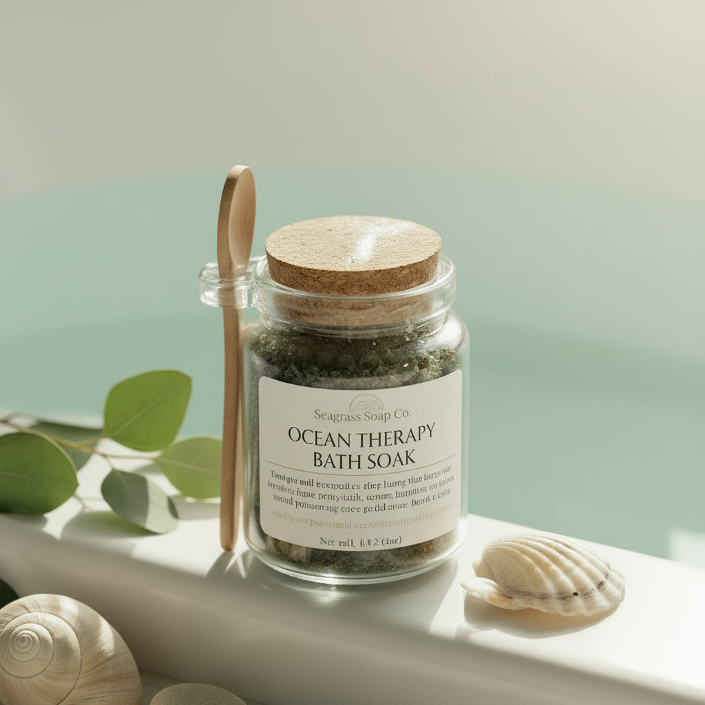 A jar with spoon of Ocean Therapy Bath Soak sitting on a tub's ledge with sea shells and eucalyptus branch.