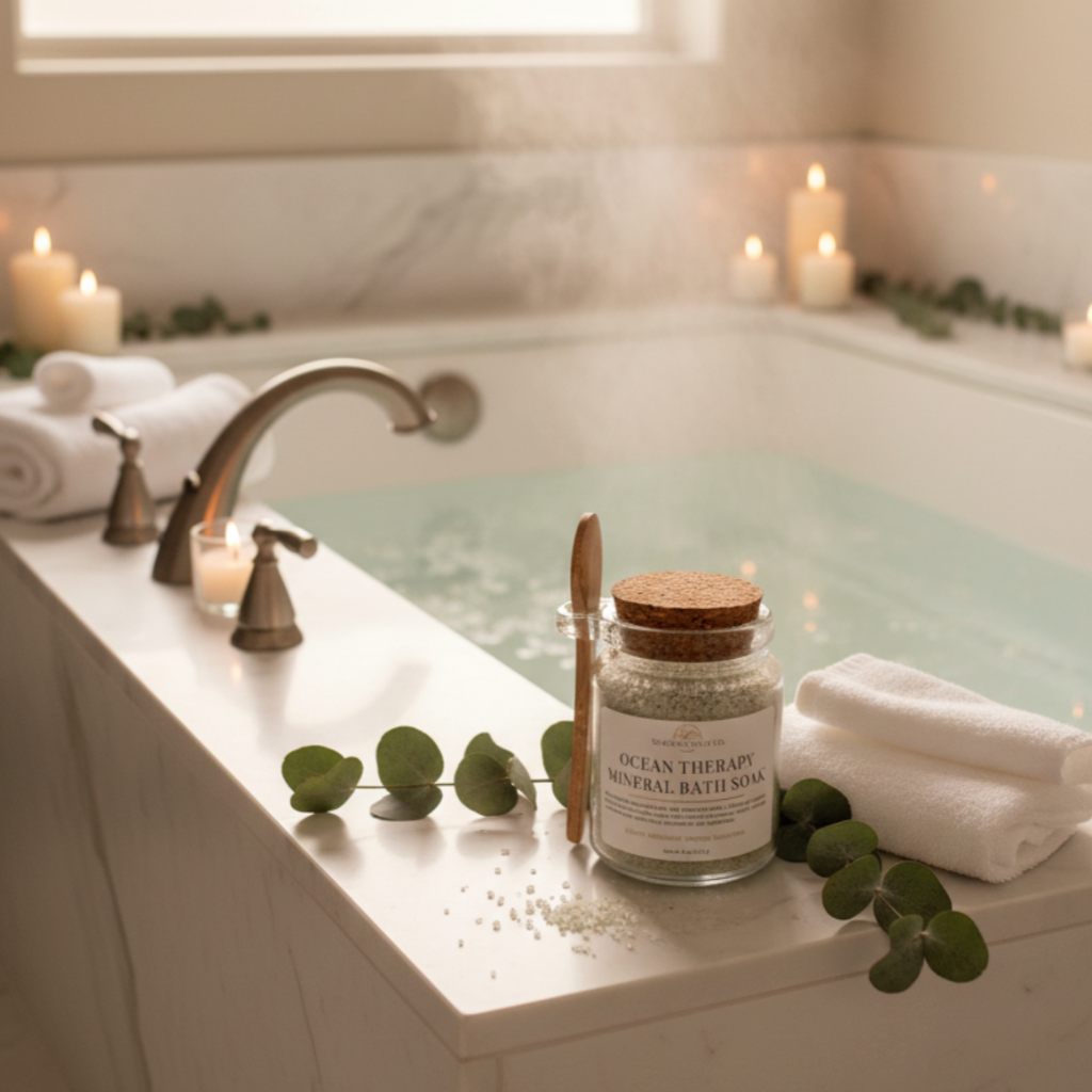 A clear glass jar of Ocean Therapy Mineral Bath Soak sits on the edge of a white bathtub, surrounded by white towels, green eucalyptus leaves, and lit candles in a warm, relaxing bathroom setting.