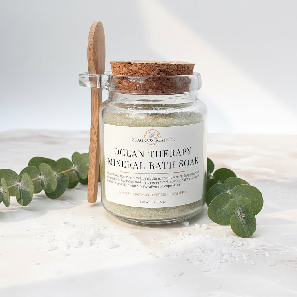 A glass jar of Seagrass Soap Co. Ocean Therapy Mineral Bath Soak with a cork lid, a small wooden spoon, and a wooden scoop, set on a light marble surface against a white background and surrounded by salt and eucalyptus branches.