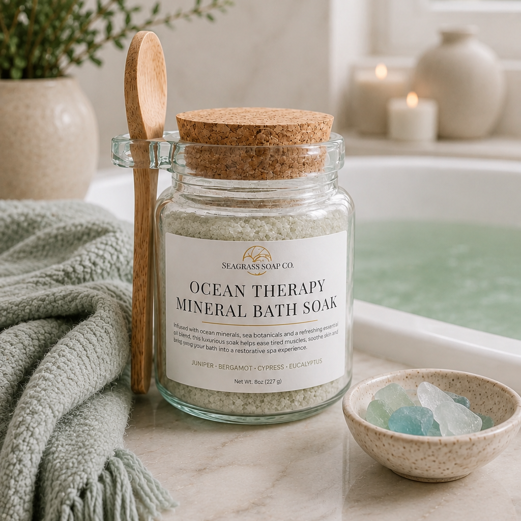 A glass jar of Ocean Therapy Mineral Bath Soak with a cork lid sits on a marble countertop beside a green towel, a wooden spoon, and a small bowl of sea glass, with a bathtub and candles in the background.