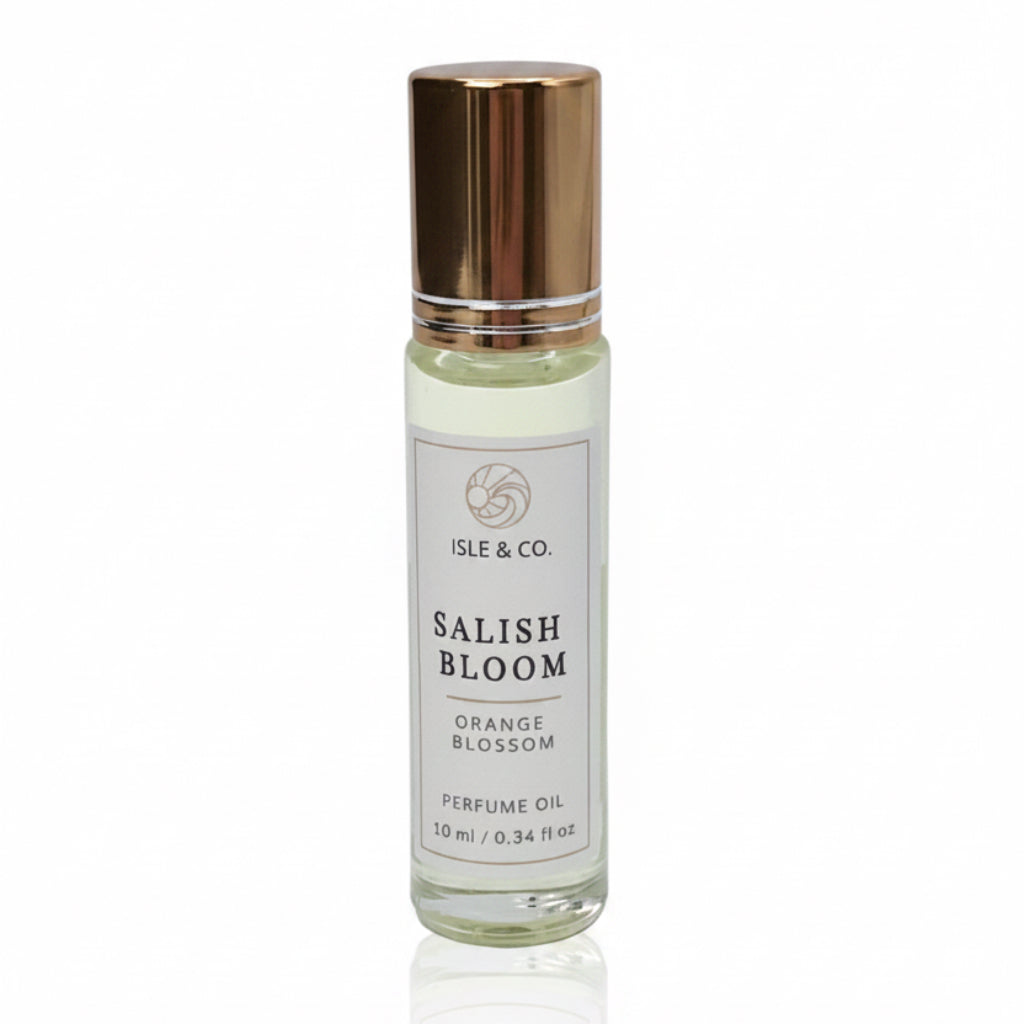 Perfume oil bottle labeled 'Salish Bloom' by Isle & Co. on a white background