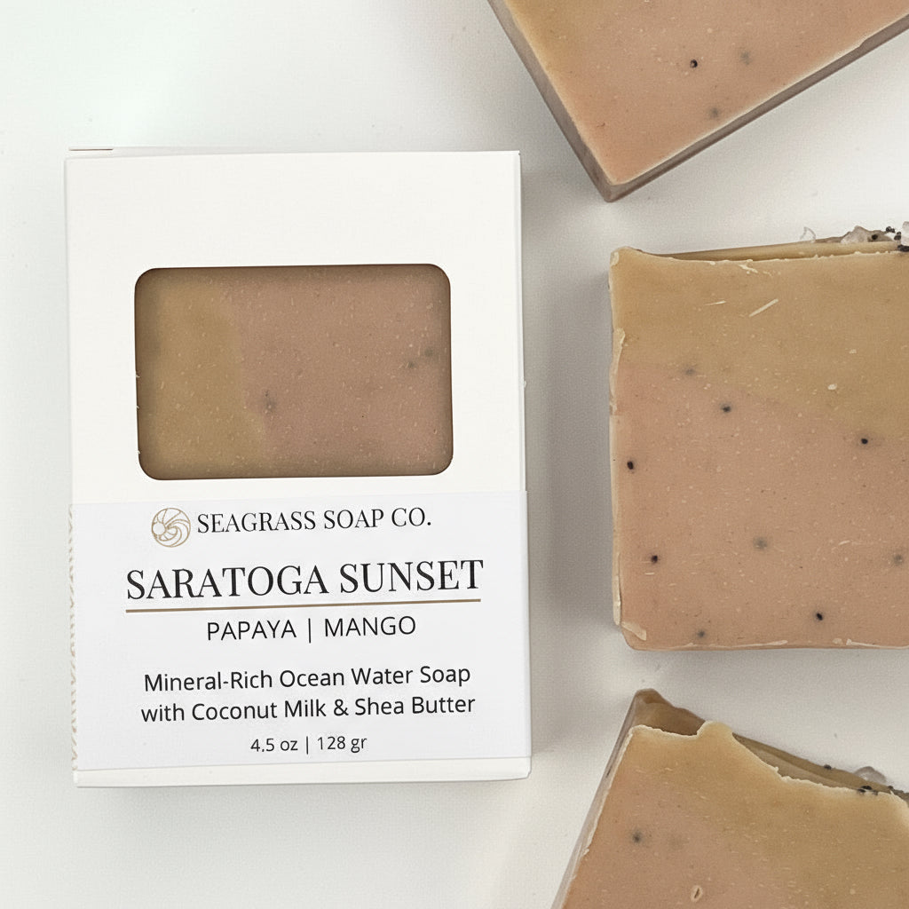 Seagrass Soap Co. Saratoga Sunset soap bars and packaging on a white background