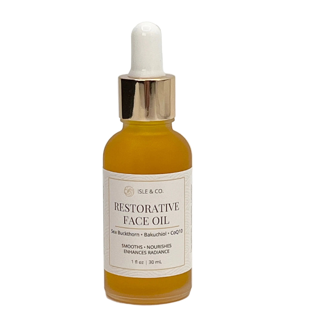 Close up of restorative facial oil bottle with bakuchiol botanical treatment oil for smooth, hydrated skin