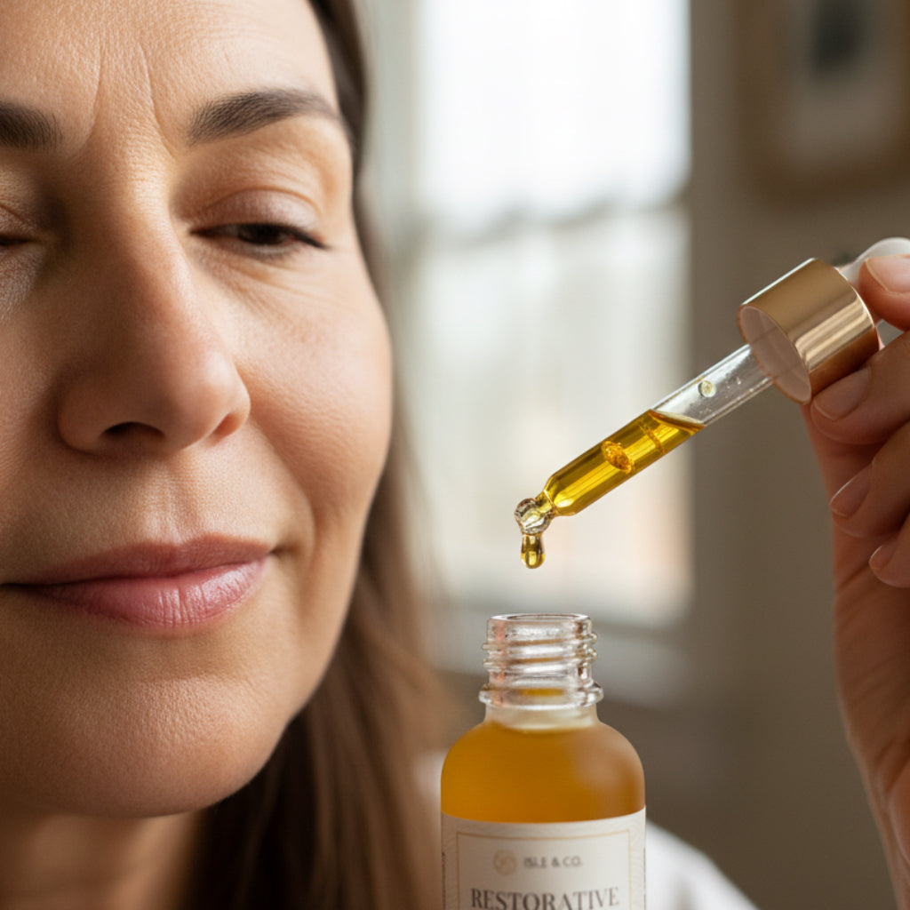 Applying restorative facial oil with bakuchiol for soft radiant skin