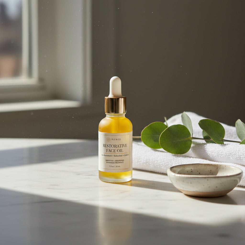 Restorative Facial Oil with Bakuchioll, squalane and sea buckthorn for soft, hydrated skin by Seagrass Soap Co.