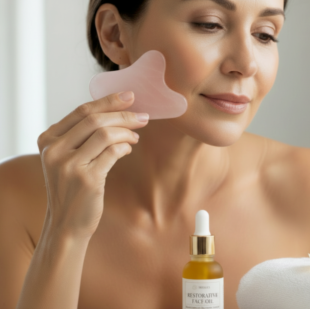 Restorative facial oil used for gua sha facial massage and smooth hydrated skin