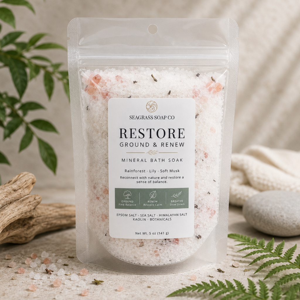Restore mineral bath soak package displayed with driftwood, ferns and a calming forest inspired setting.