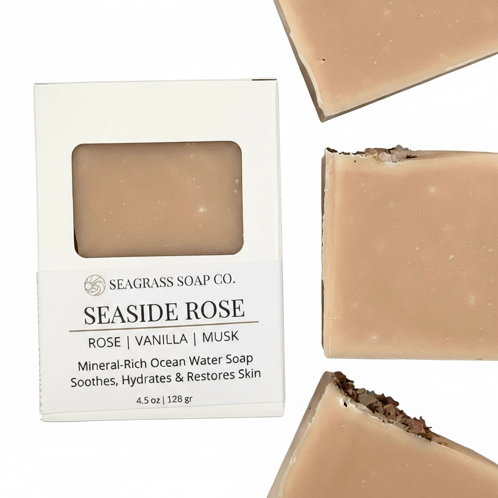 Seaside Rose soap bar with packaging on a white background