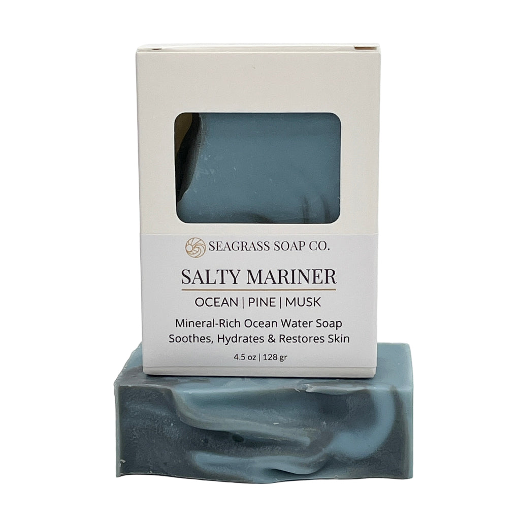 Salty Mariner bar of soap with a Seagrass Soap Co. packaging on a white background