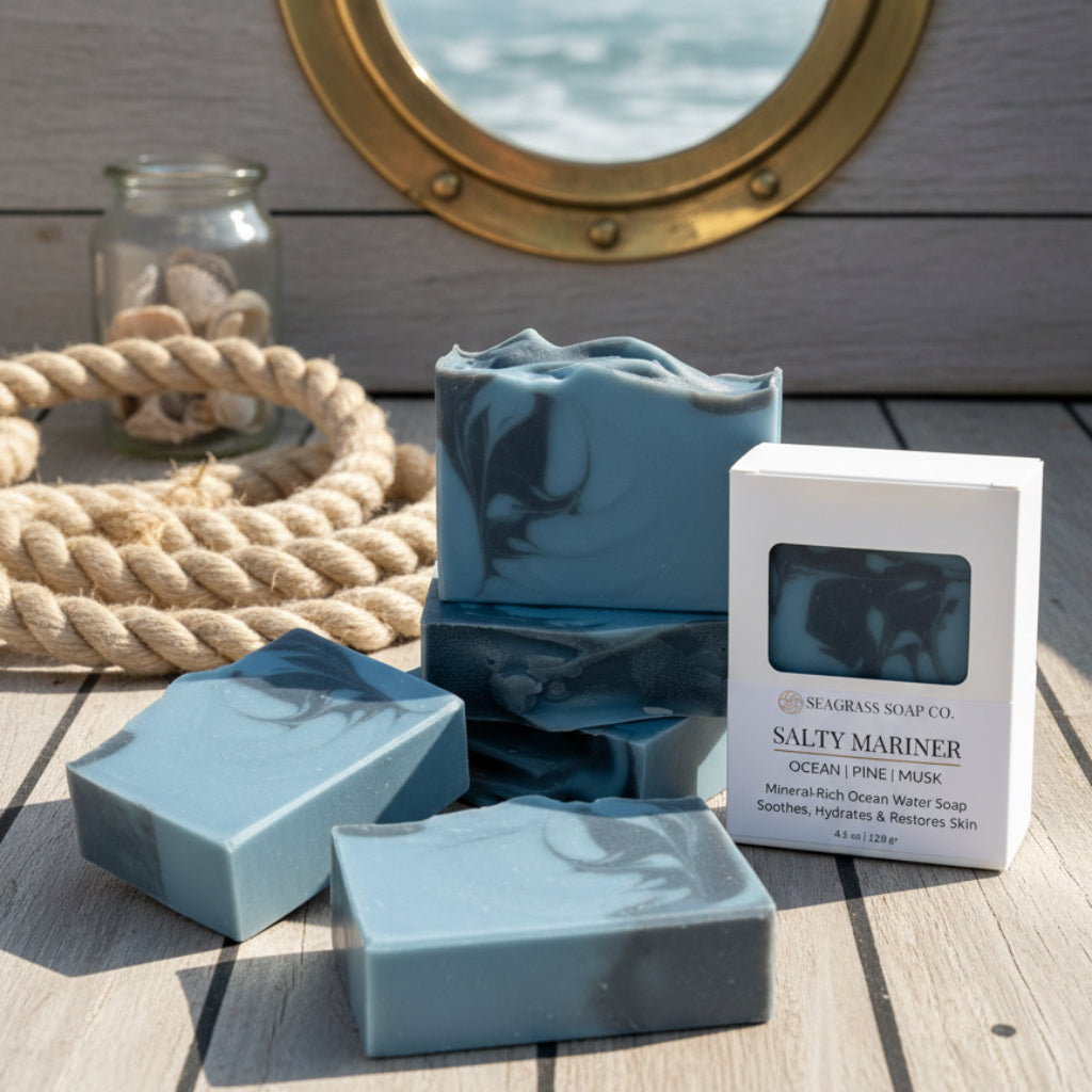 Several bars of soap sitting on a planked wooden deck next to a coil of rope, seashells and in front of a porthole.