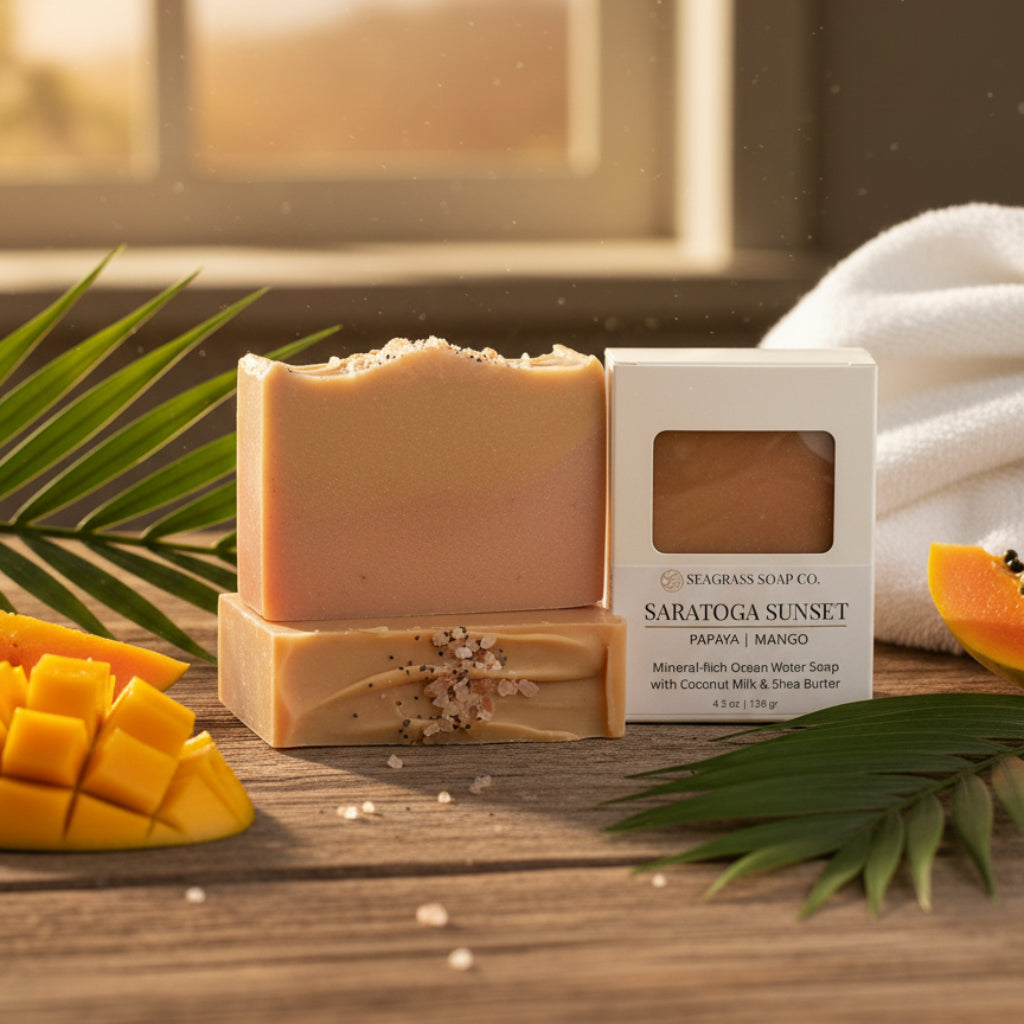 Three bars of Papaya Mango soap in front of a window surrounded by palm leaves, towel, papaya and mango fruit.