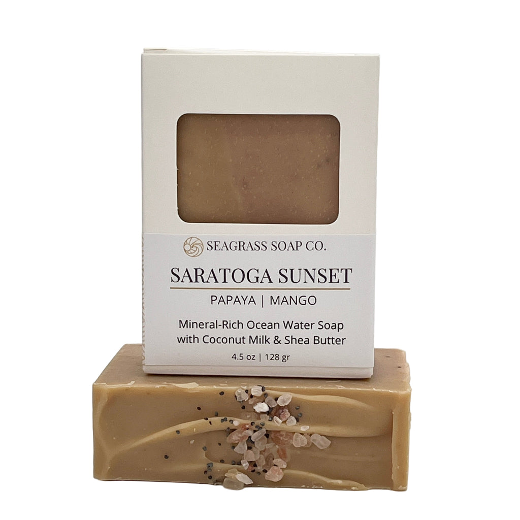Saratoga Sunset Bar of soap with a Seagrass Soap Co. packaging on a white background