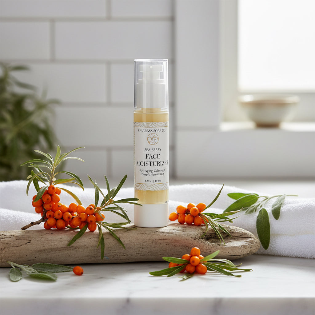 Bottle of Sea Berry Face Moisturizer and sea berries sitting on a piece of driftwood next to a white towel.
