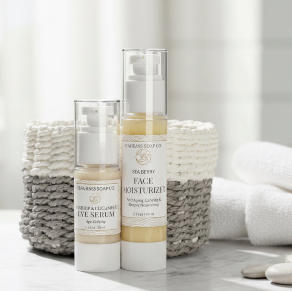 Sea Buckthorn Face Cream and Rosehip Cucumber Eye Serum skincare products by Seagrass Soap Co.