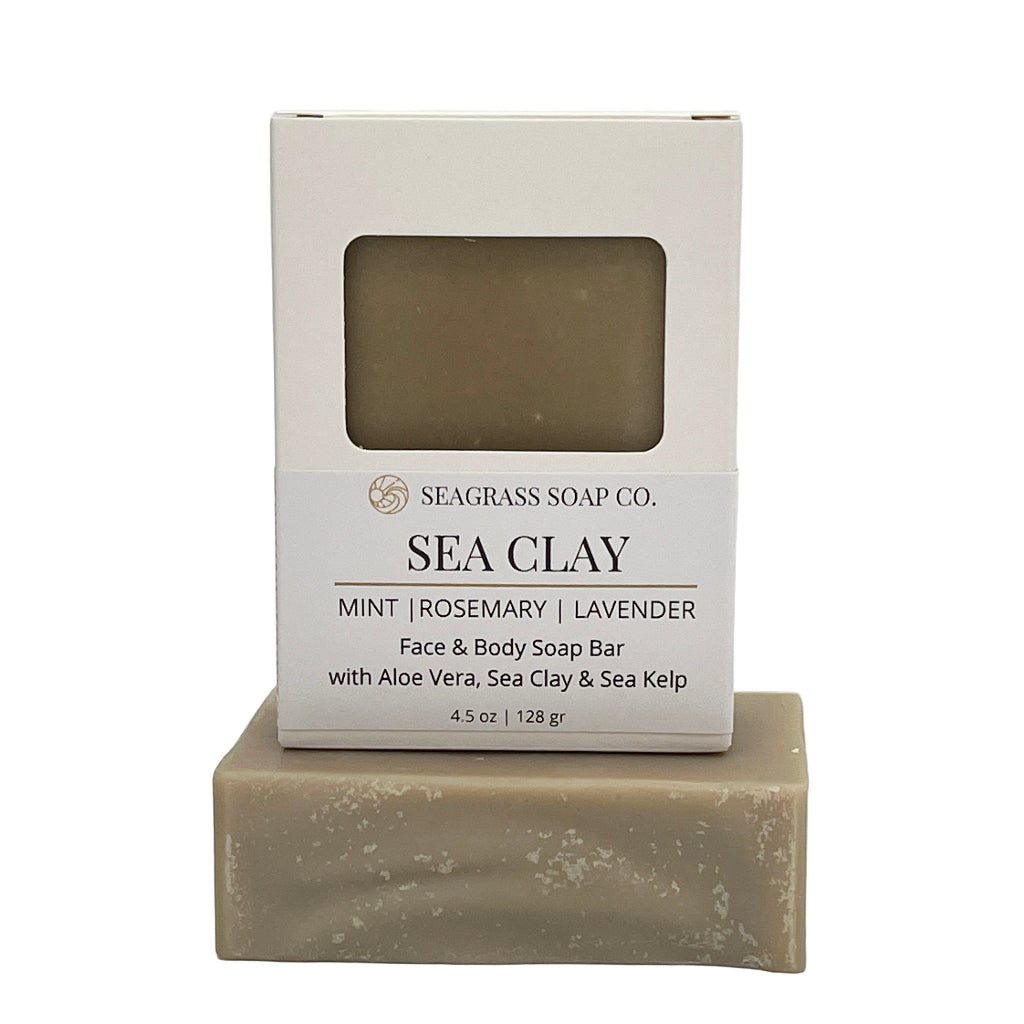 Sea Clay soap bar with packaging on a white background