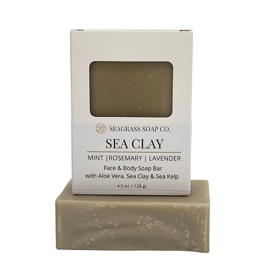 Sea Clay soap bar with packaging on a white background