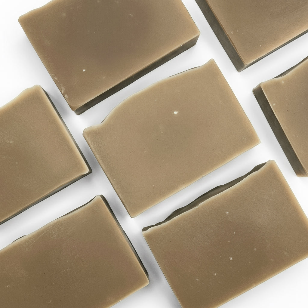 Square bars of sea clay soap arranged on a white background