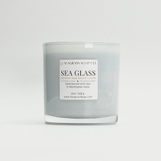 Sea Glass candle from Seagrass Soap Co on a white background