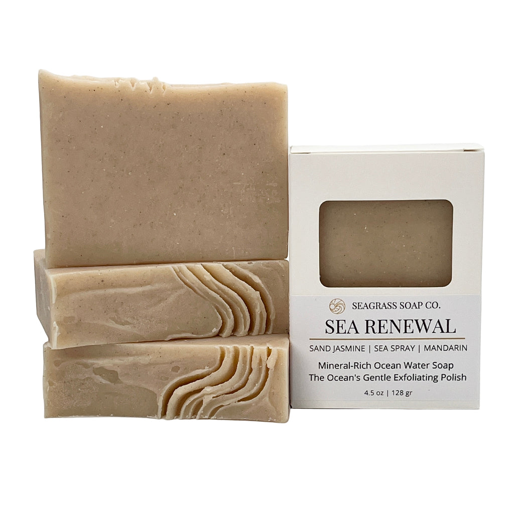 Sea Renewal polishing  bars of soap and their packaging on a white background