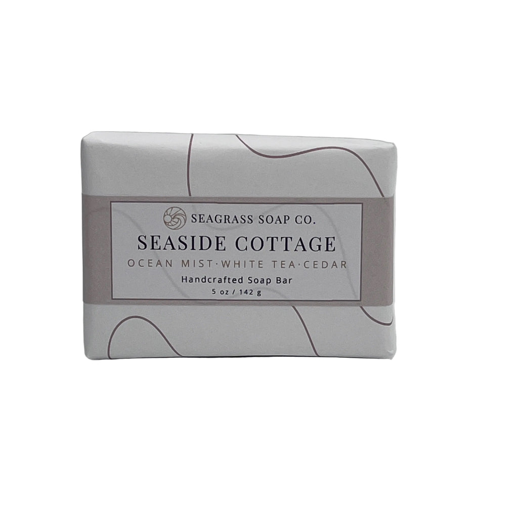 A wrapped soap bar from Seagrass Soap Co. labeled 'Seaside Cottage' on a white background.