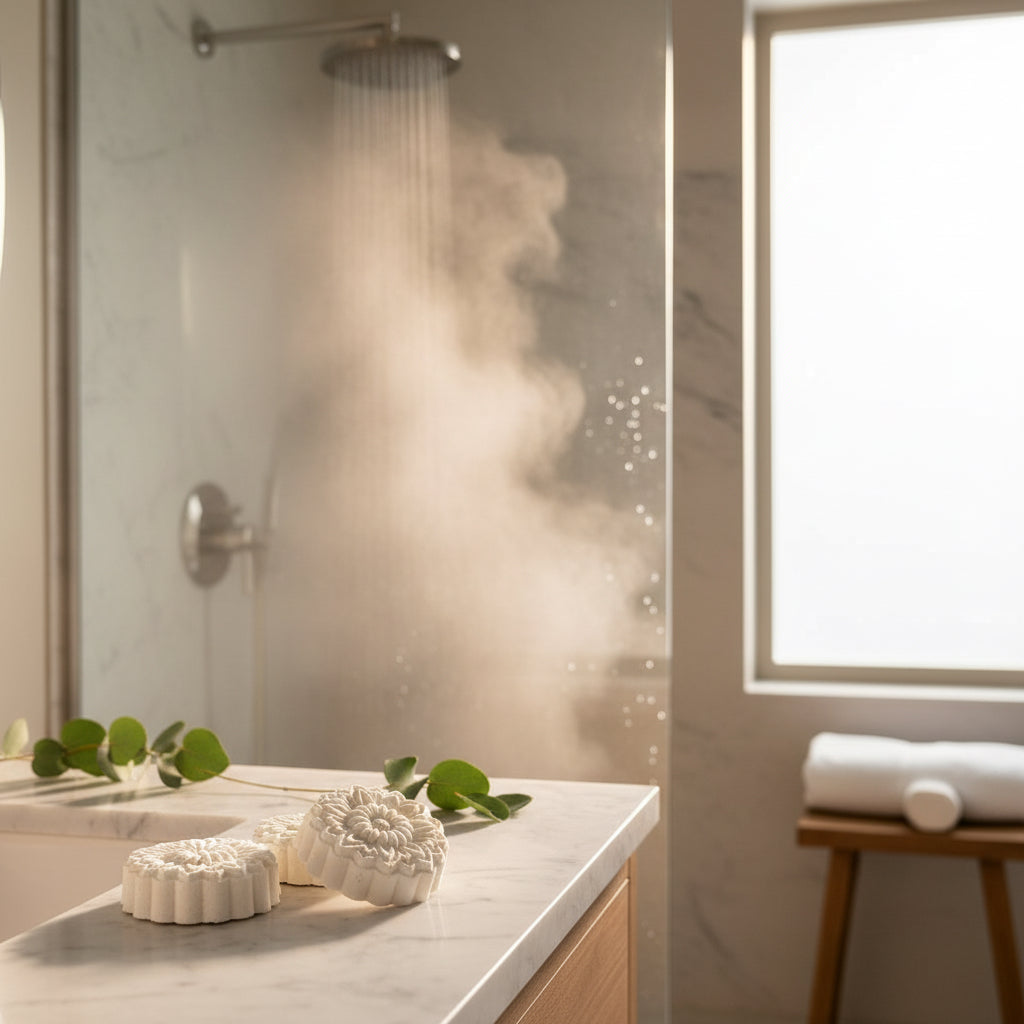 Shower steamers in Sea Mist scent on a bathroom marble counter with a shower running in the background 