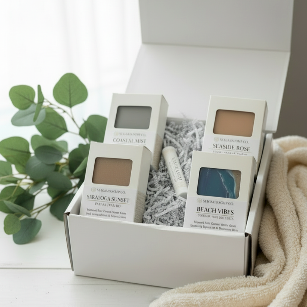 Four soap bars and a vanilla mint lip balm in a gift box with a plant and towel in the background