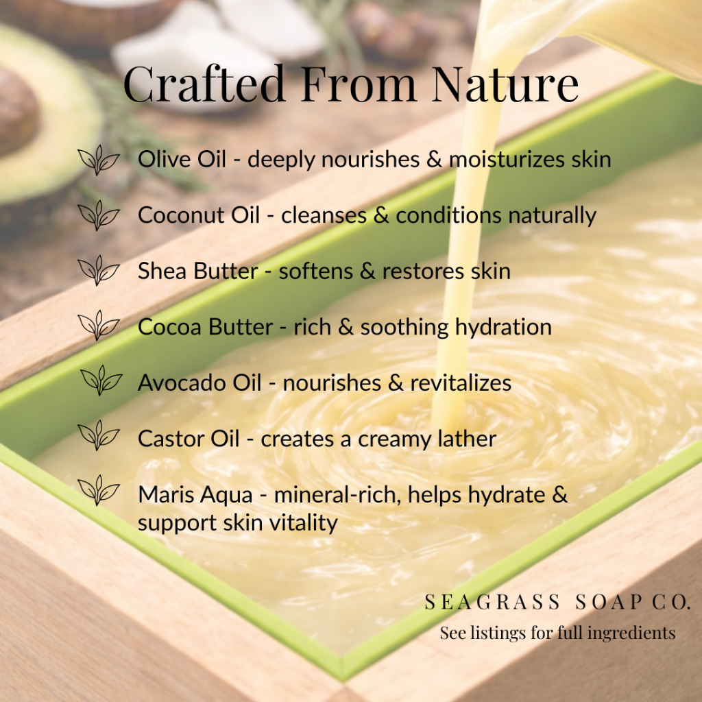 Seagrass Soap Co. soap bar with natural ingredients listed with a soap mold in the background along with an avocado and coconut