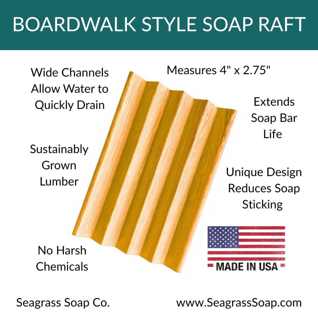 Boardwalk style soap raft with features and Seagress Soap Co. branding.