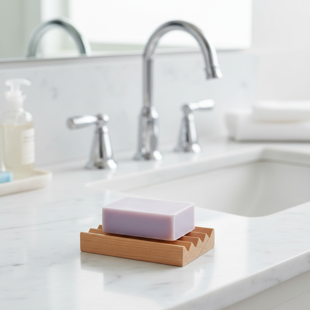 A wooden soap dish with a lavender bar of soap sitting on a bathroom marble counter.