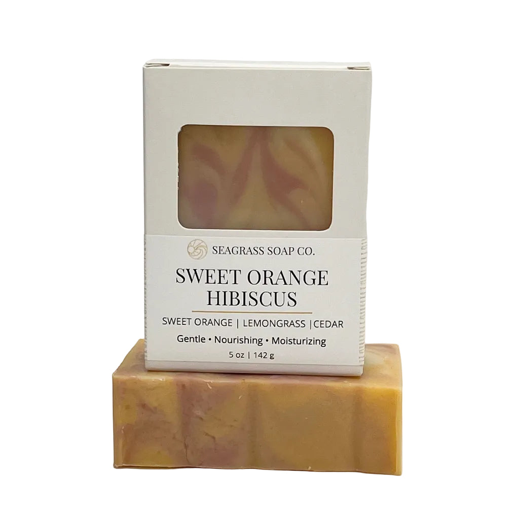 Sweet Orange Hibiscus handmade soap with citrus essential oils and botanical ingredients.
