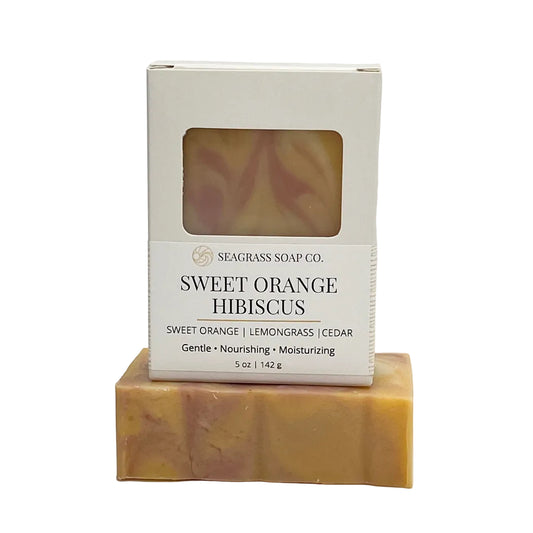 Sweet Orange Hibiscus handmade soap with citrus essential oils and botanical ingredients.
