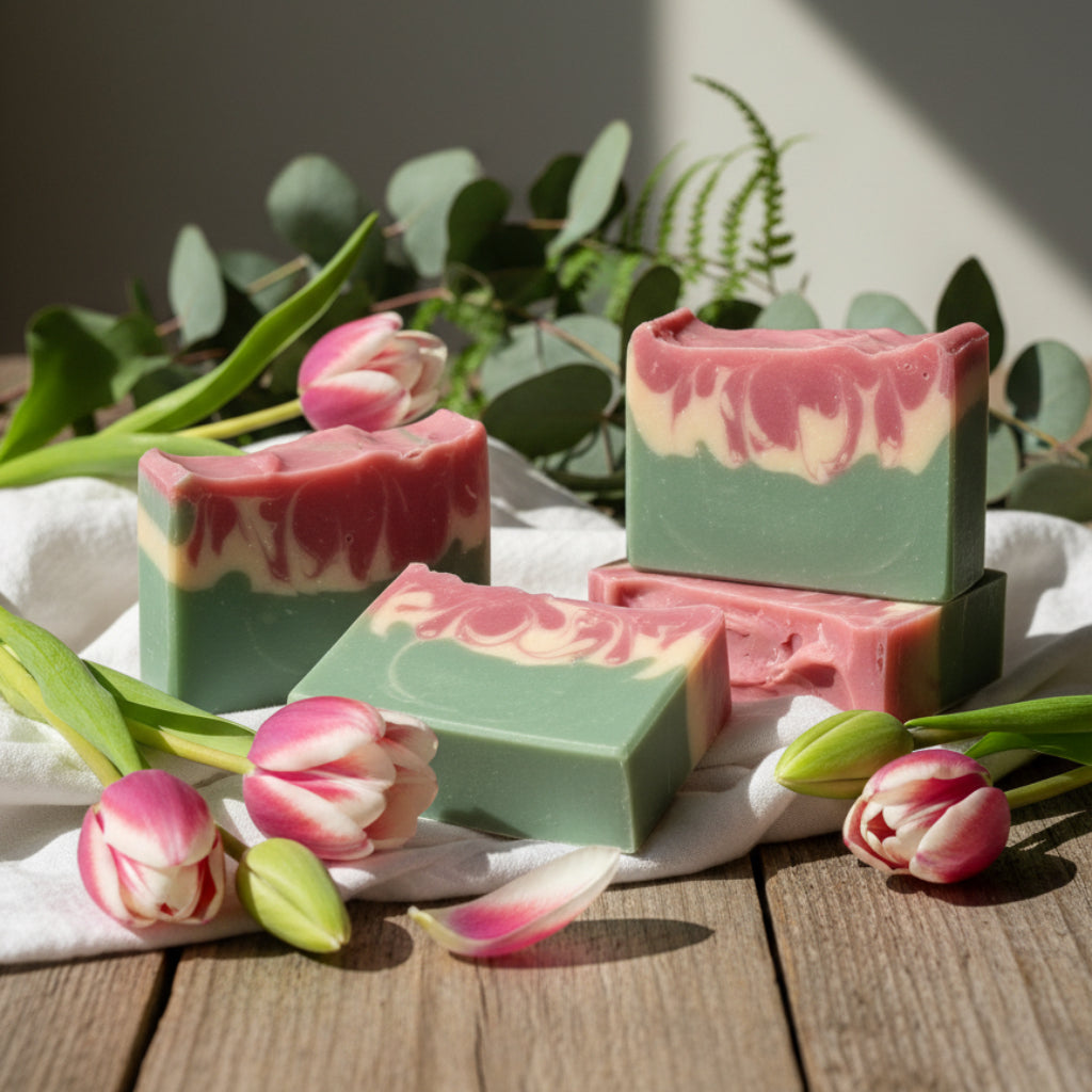 Four bars of soap on a wooden floor surrounded by tulips and eucalyptus