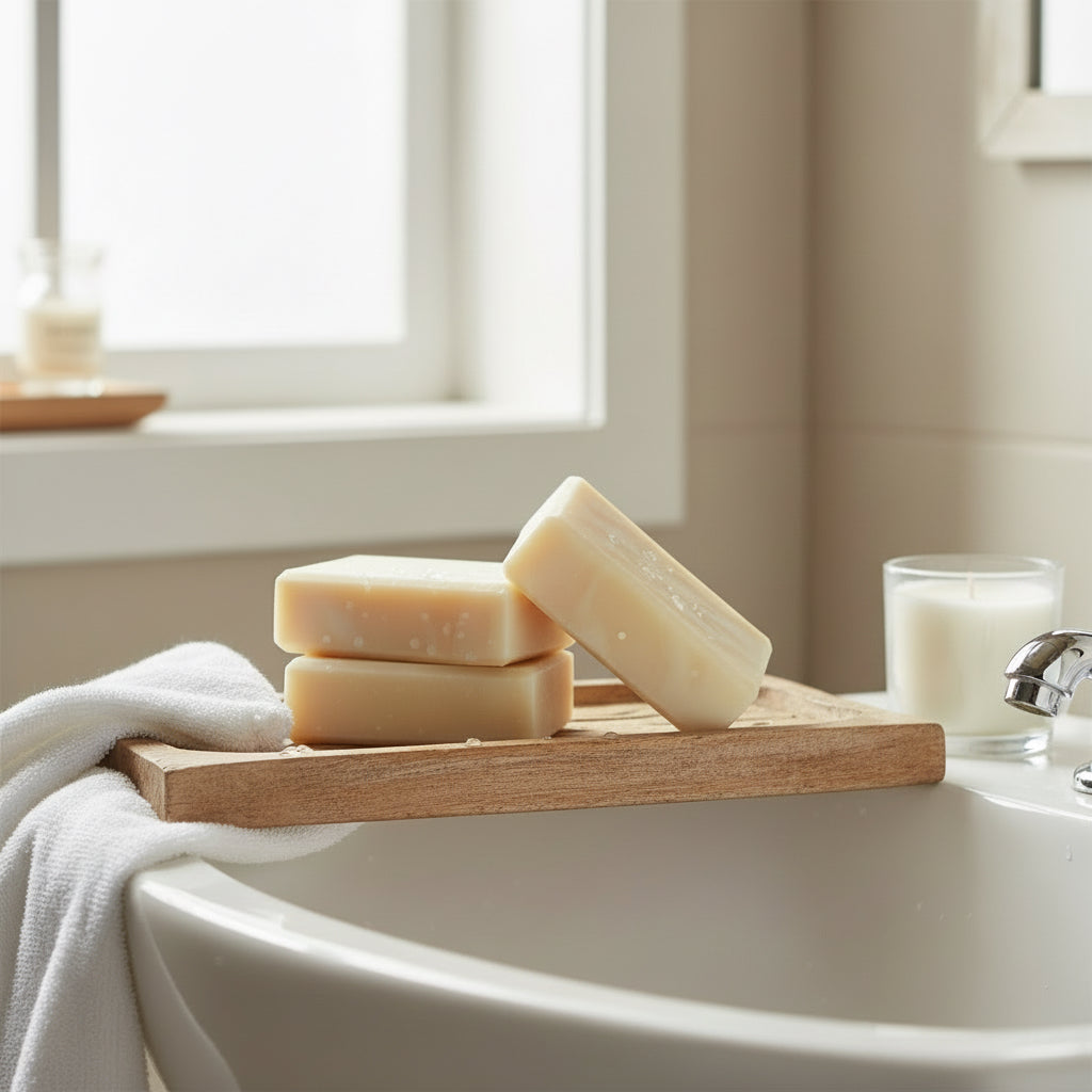 Unscented cream soap bar by Seagrass Soap Co sitting on a wooden tray over a bathroom sink with a candle and towel in background