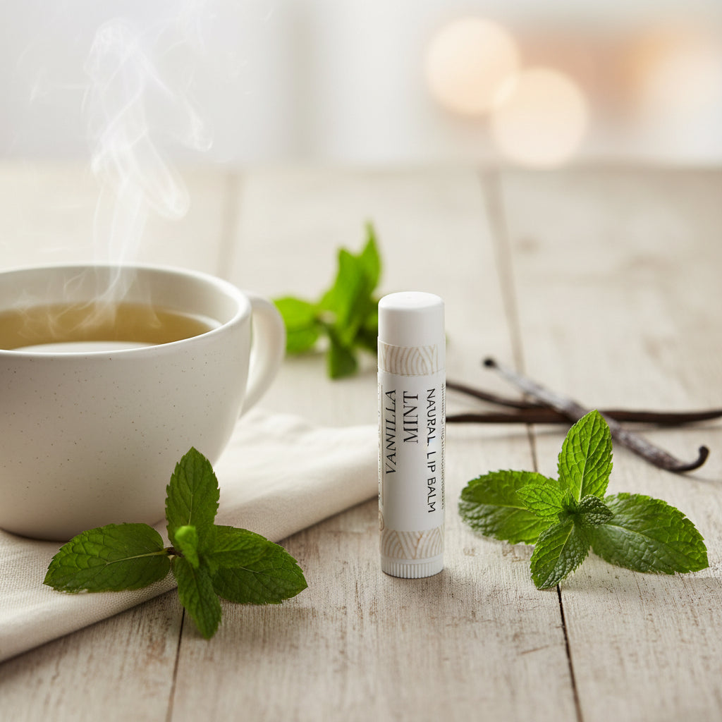 A vanilla mint lip balm next to a cup of tea and mint sprigs sitting on a wooden table