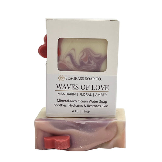 Seagrass Soap Co. Waves of Love soap bar with packaging on a white background from Seagrass Soap Co on Camano Island, WA